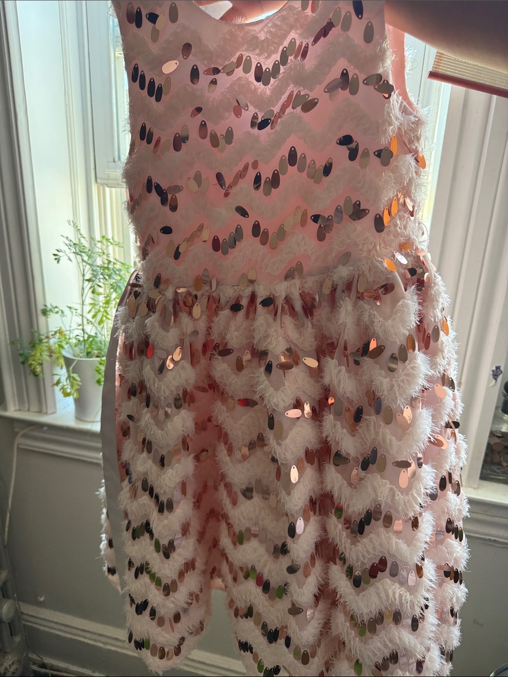 Girls Pink  Sequin Feathered Party Dress